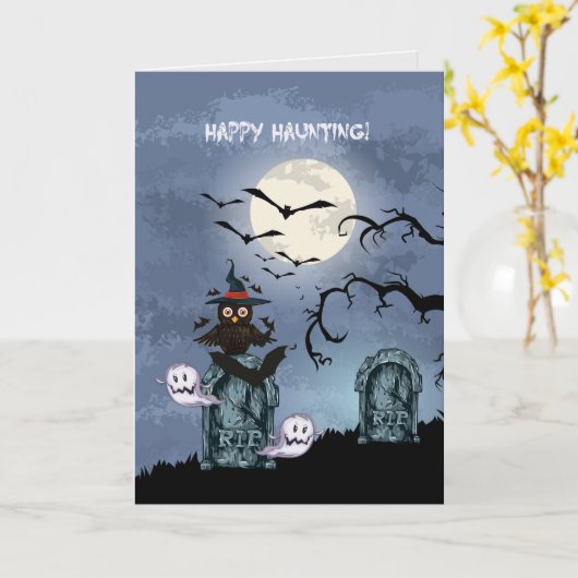 ハッピー狩りフクロウ幽霊と飛んでいるこうもり カード (黄色い花)