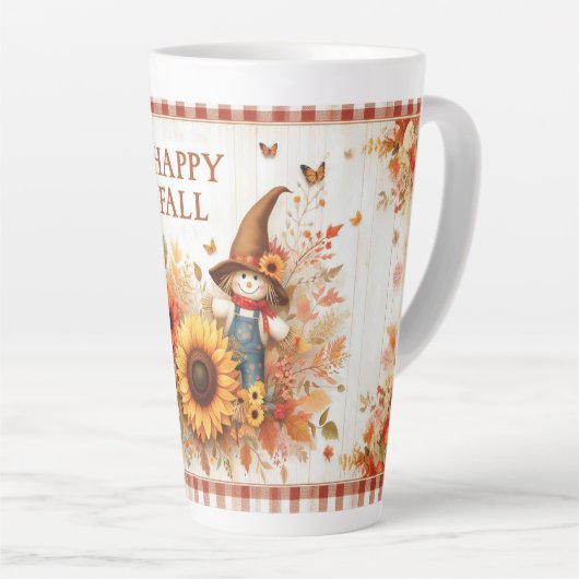 ハッピー秋かわいいフォークアートカクレカロウと秋 カフェラテマグ (右アングル)
