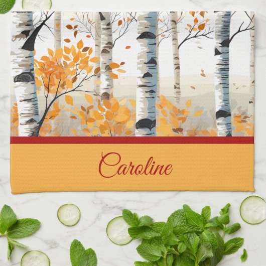 ハッピー秋オールカラフル樺の木の木の葉 キッチンタオル (折り畳み)
