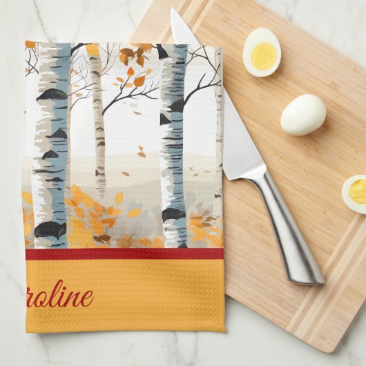 ハッピー秋オールカラフル樺の木の木の葉 キッチンタオル (四つ折り)