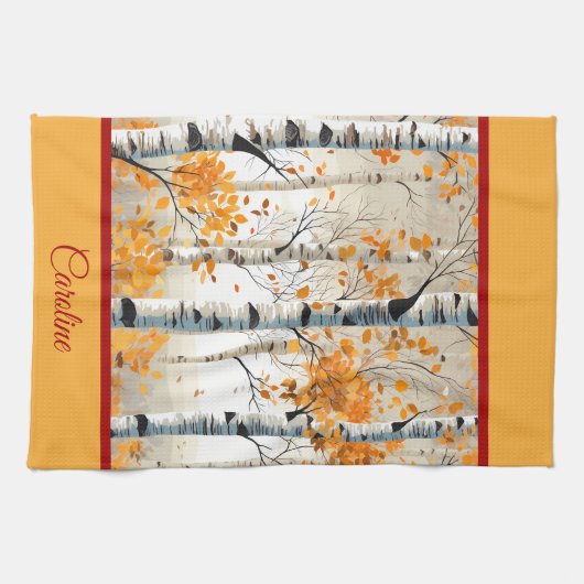ハッピー秋オールカラフル樺の木の木の葉 キッチンタオル (横)
