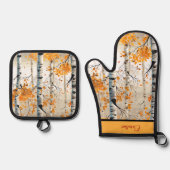 ハッピー秋オールカラフル樺の木の木の葉 鍋つかみ&鍋敷きセット (正面)