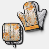 ハッピー秋オールカラフル樺の木の木の葉 鍋つかみ&鍋敷きセット (正面/裏面)