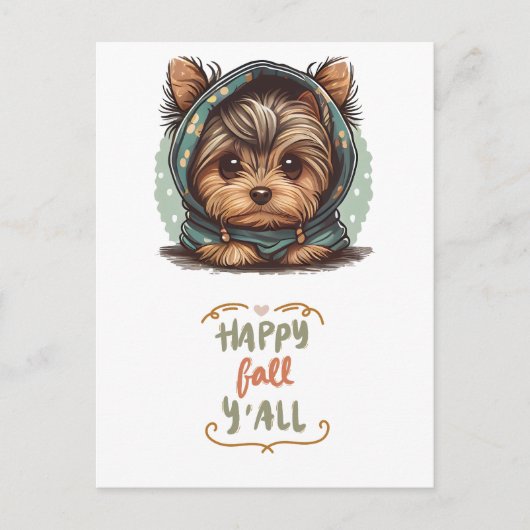 ハッピー秋オールヨークシャーテリアオータムフード付きスウェットシャツ シーズンポストカード (正面)