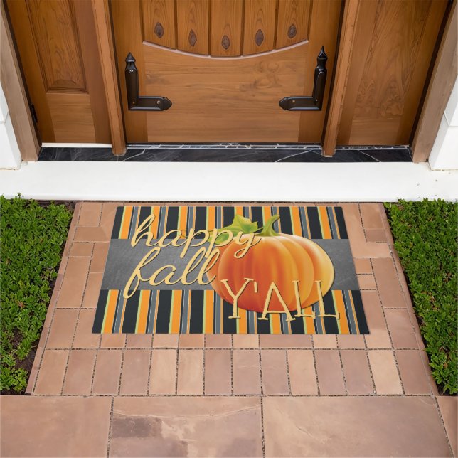 ハッピー秋ヤールパンプキンオレンジグリーンストライプズ ドアマット (室外)