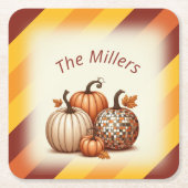 ハッピー秋秋のストリップパターパーソナライズされたン スクエアペーパーコースター (正面)