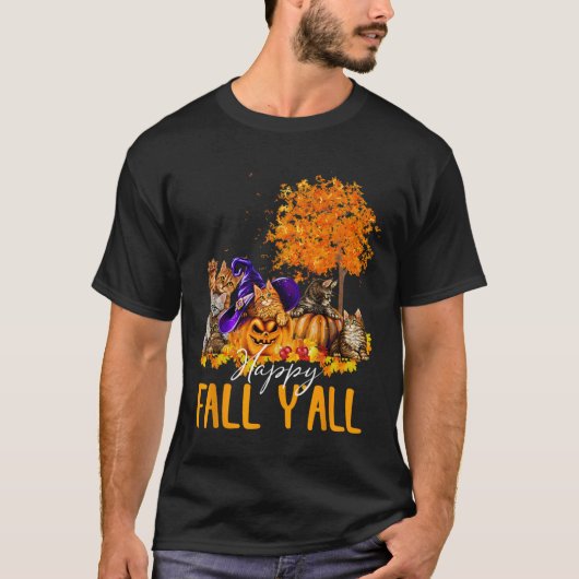 ハッピー秋Y'all cats lover Autumn Pumpkin Maple H Tシャツ (正面)