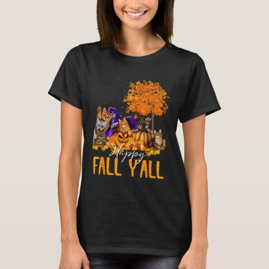 ハッピー秋Y'all cats lover Autumn Pumpkin Maple H Tシャツ (正面)