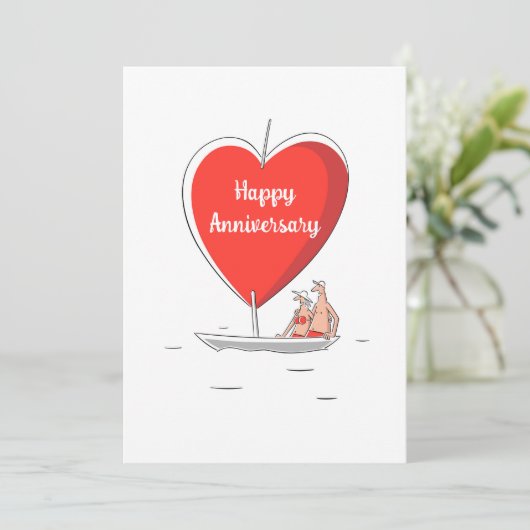ハッピー結婚ズアニバーサリーセーリングボート赤いハートカード (スタンド正面)