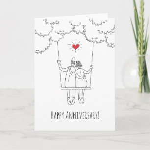 ハッピー結婚ズ記念日赤いハートスイングカップル カード
