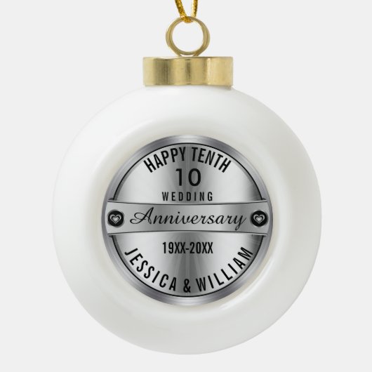 ハッピー結婚10周年記念シルバー&ダイヤモンド セラミックボールオーナメント (正面)