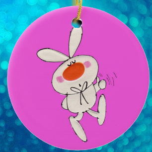 ハッピー踊りキュートホワイトラビット セラミックオーナメント