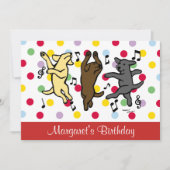 ハッピー踊りラブラドールトリオバースデーパーティレッド 招待状 (正面)