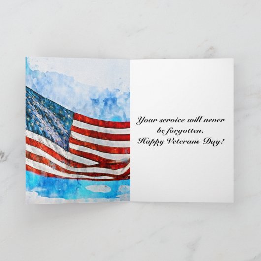ハッピー退役軍人デイウォーターカラーアメリカフラッグ感謝していヨー サンキューカード (内部)