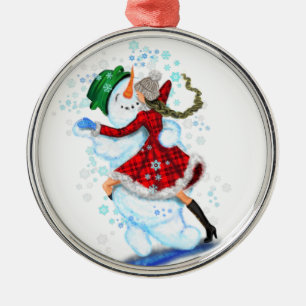 ハッピー雪だるまとガールダンスタンゴクリスマスパーティー メタルオーナメント