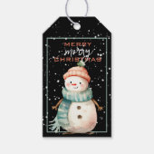 ハッピー雪だるまインティール(緑がかった色)スカーフクリスマス ギフトタグ (正面)