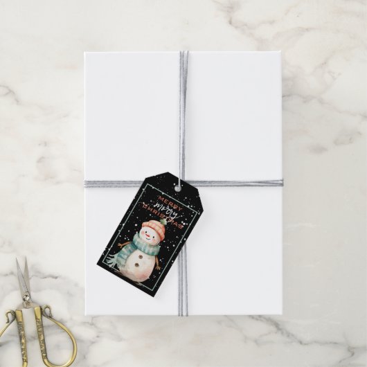 ハッピー雪だるまインティール(緑がかった色)スカーフクリスマス ギフトタグ (より糸付き)