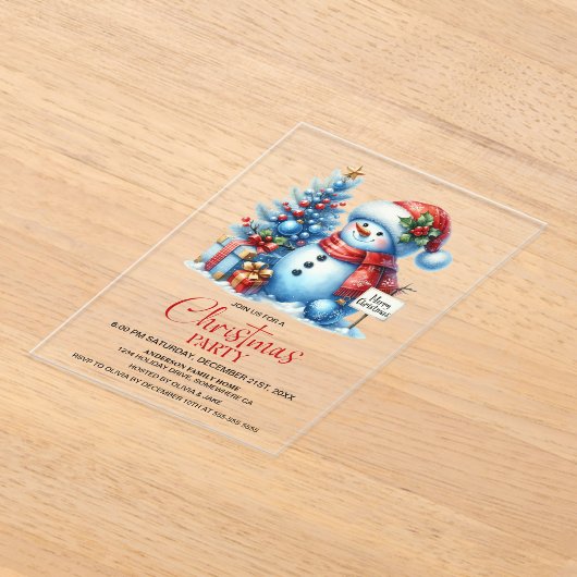 ハッピー雪だるまクリスマスパーティー アクリル招待状 (レイダウン)