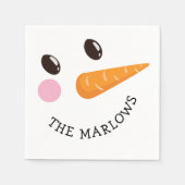 ハッピー雪だるまパーソナライズされた顔ファミリーネームウィンター スタンダードカクテルナプキン (正面)