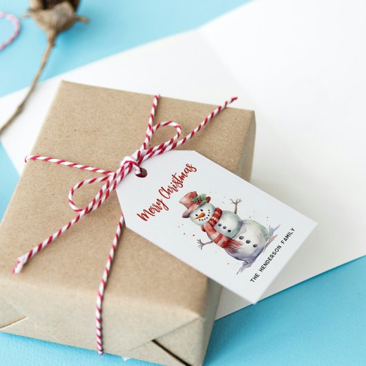 ハッピー雪だるまメリーカスタムクリスマス家族の名前 ギフトタグ
