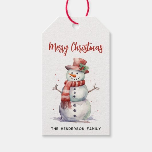 ハッピー雪だるまメリーカスタムクリスマス家族の名前 ギフトタグ (正面)