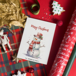 ハッピー雪だるまメリーカスタムクリスマス家族の名前 シーズンカード