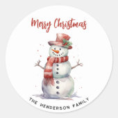 ハッピー雪だるまメリーカスタムクリスマス家族の名前 ラウンドシール (正面)