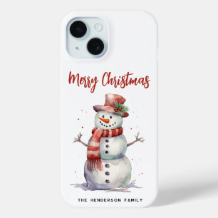 ハッピー雪だるまメリーカスタムクリスマス家族の名前 iPhone 15ケース