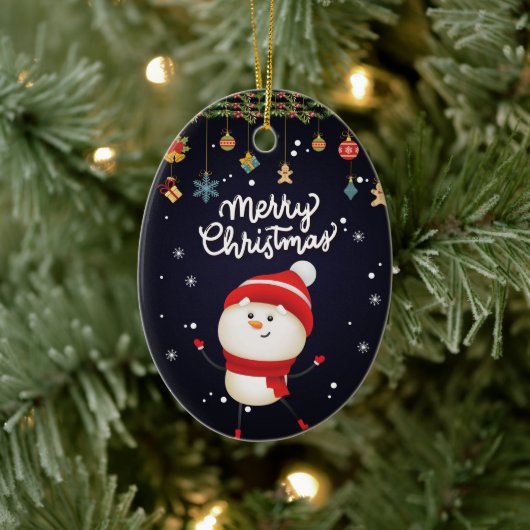 ハッピー雪だるまメリークリスマス セラミックオーナメント (ツリー)