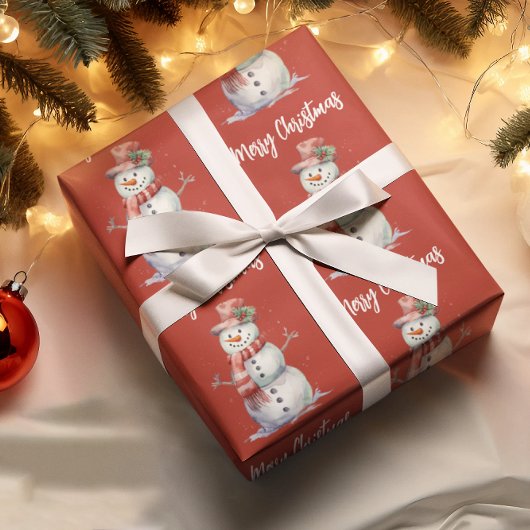 ハッピー雪だるまレッドメリークリスマス ラッピングペーパー