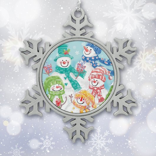 ハッピー雪だるまレトロクリスマス スノーフレークピューターオーナメント