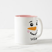 ハッピー雪だるま顔パーソナライズされたネームホリデー ツートーンマグカップ (正面右)