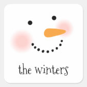 ハッピー雪だるま顔パーソナライズされたファミリー名 スクエアシール (正面)