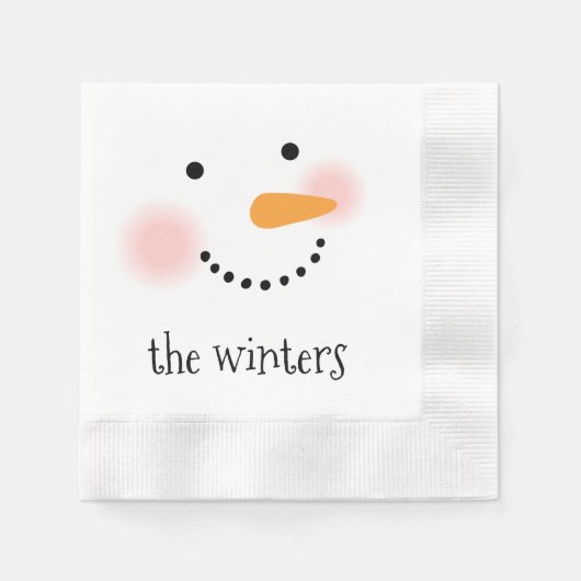 ハッピー雪だるま顔パーソナライズされたファミリー名 縁ありカクテルナプキン (正面)