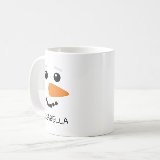 ハッピー雪だるま顔パーソナライズされた名 コーヒーマグカップ (正面左)