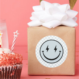 ハッピー顔グルーヴィーブルーチェックボーイ誕生日 ラウンドシール