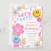 ハッピー顔スマイルグルーヴィ市松模様にーバースデーパーティー 招待状 (正面)