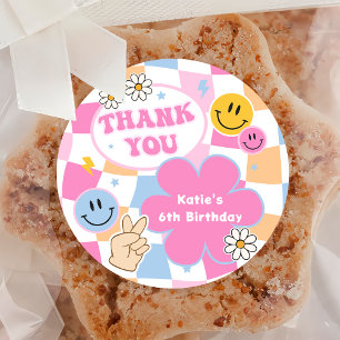 ハッピー顔スマイルグルーヴィ市松模様に誕生日ステッカー ラウンドシール