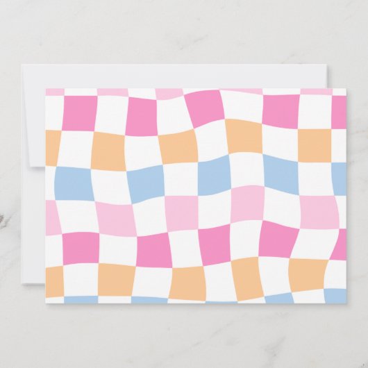 ハッピー顔スマイルGroovy市松模様に誕生日写真 招待状 (裏面)