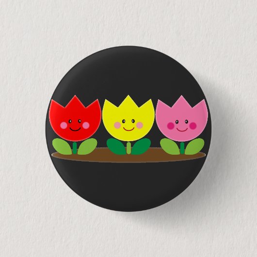 ハッピー顔チューリップフラワーズガーデンアート 缶バッジ (正面)