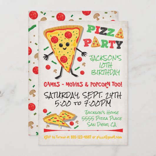 ハッピー顔ピザバースデーパーティーの招待 招待状 (正面/裏面)