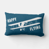 ハッピー飛んでいるタイポグラフィ&飛行機、青、シンプル ランバークッション (裏面)