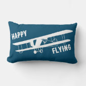 ハッピー飛んでいるタイポグラフィ&飛行機、青、シンプル ランバークッション (正面)