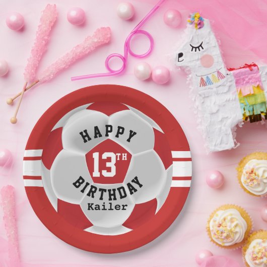ハッピー00誕生日 – レッドサッカーボール ペーパープレート (パーティー)