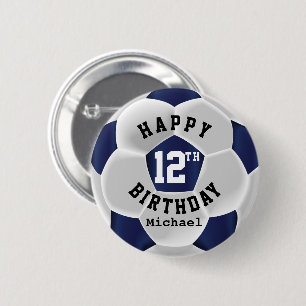 ハッピー00誕生日-濃い青のサッカーボール 缶バッジ