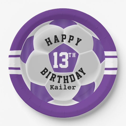ハッピー00誕生日 – 紫と白のサッカーボール ペーパープレート (正面)