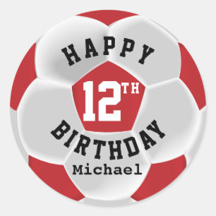 ハッピー00誕生日-赤いサッカーボール ラウンドシール