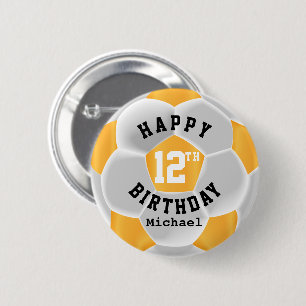 ハッピー00誕生日-金ゴールドイエローサッカーボール 缶バッジ