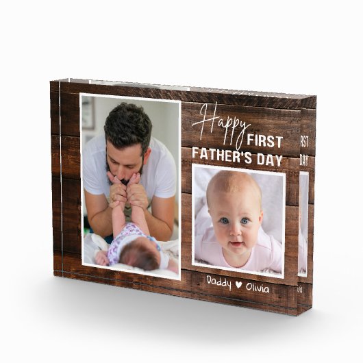 ハッピー1日目の父の日新しい父の2フォトダークウッド   フォトブロック (右)