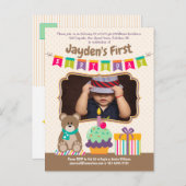 ハッピー1歳のテディベアカップケーキバンティング写真 インビテーションポストカード (正面/裏面)